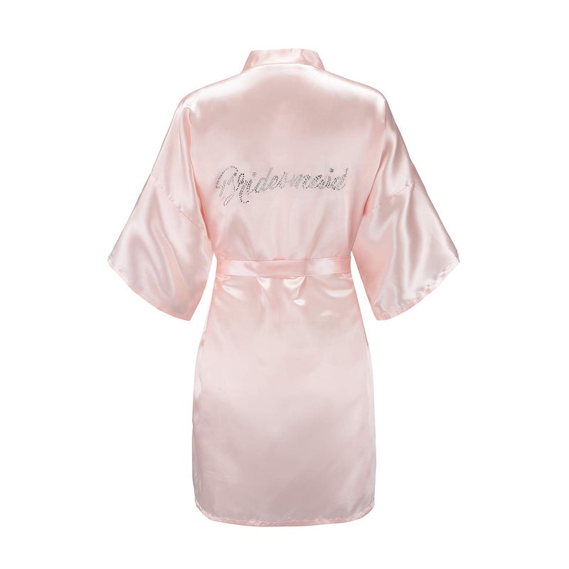 EPLAZA Women's One Size Silver Rhinestones Bride Bridesmaid Short Satin Robes for Wedding Party Getting Ready (Pink, Bridesmaid) - Image 1